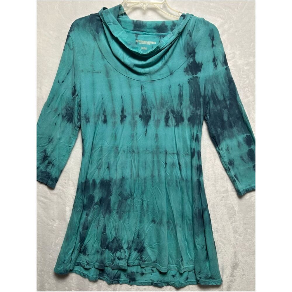 Soft Surroundings Tie Dyed Cowl Neck Teal & Gray Dress Cotton Blend  Size Small